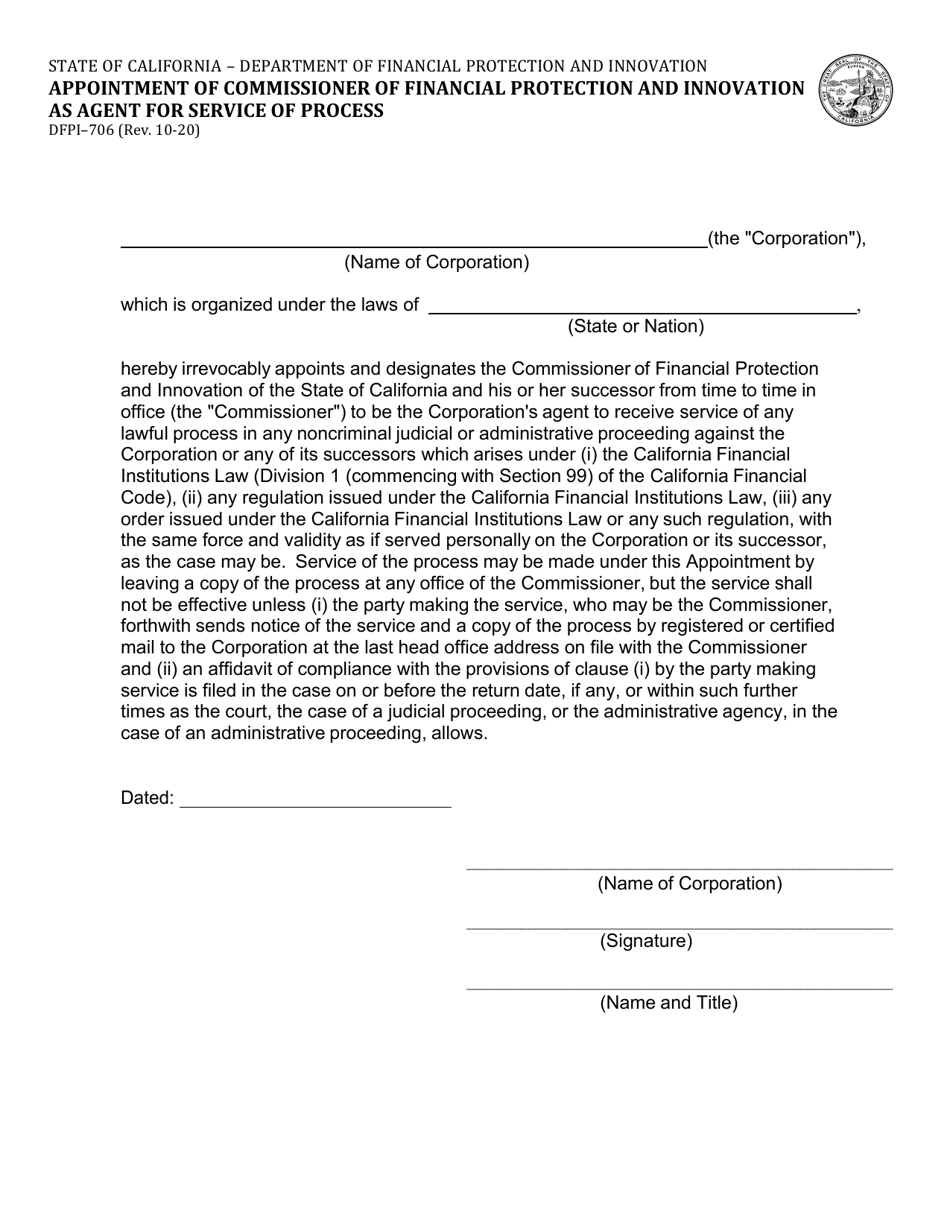 Form DFPI-706 Appointment of Commissioner of Financial Protection and Innovation as Agent for Service of Process - California, Page 1