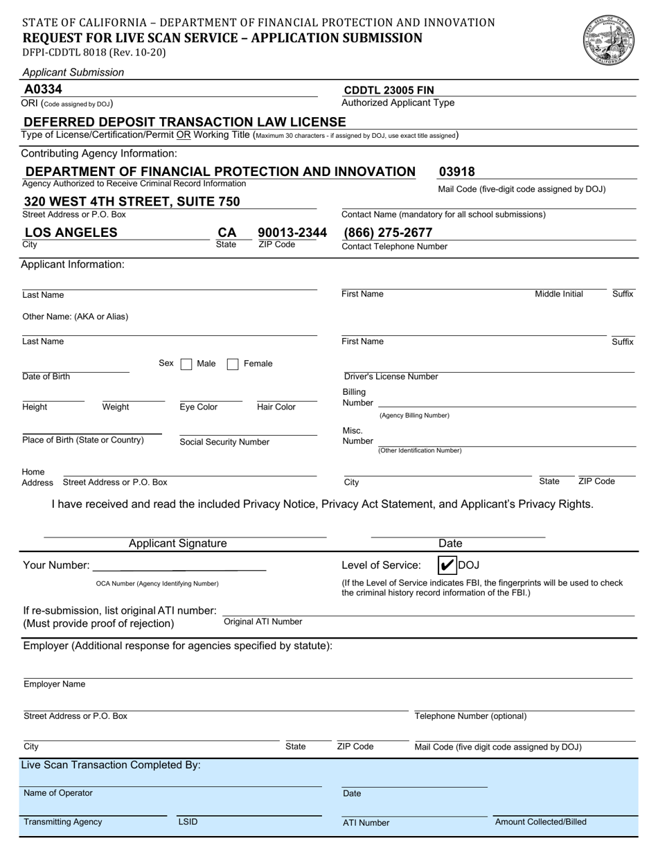 Form DFPI-CDDTL8018 Request for Live Scan Service - Application Submission - California, Page 1