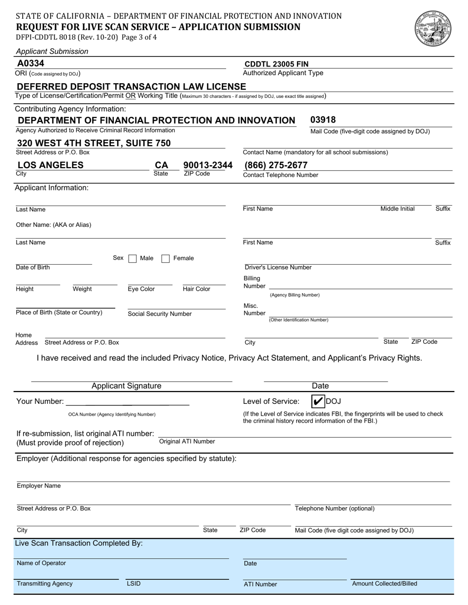 Form DFPI-CDDTL8018 Request for Live Scan Service - Application Submission - California, Page 3