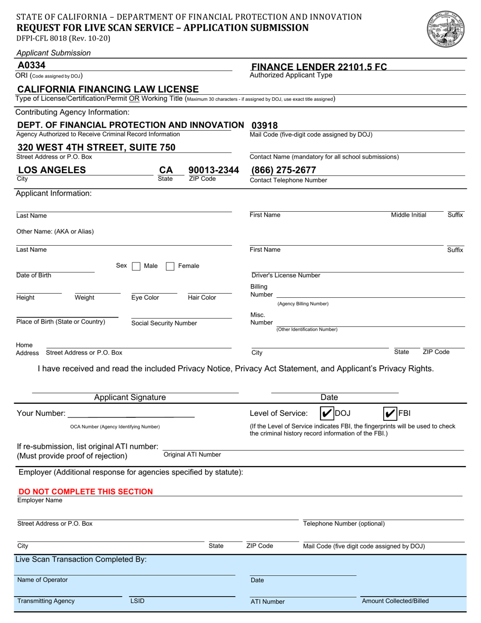 Form DFPI-CFL8018 Request for Live Scan Service - Application Submission - California, Page 1