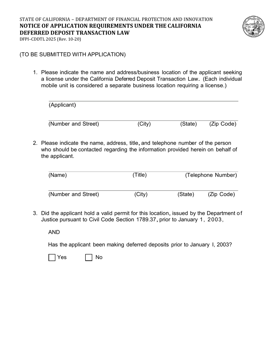 Form DFPI-CDDTL2025 Notice of Application Requirements Under the California Deferred Deposit Transaction Law - California, Page 1