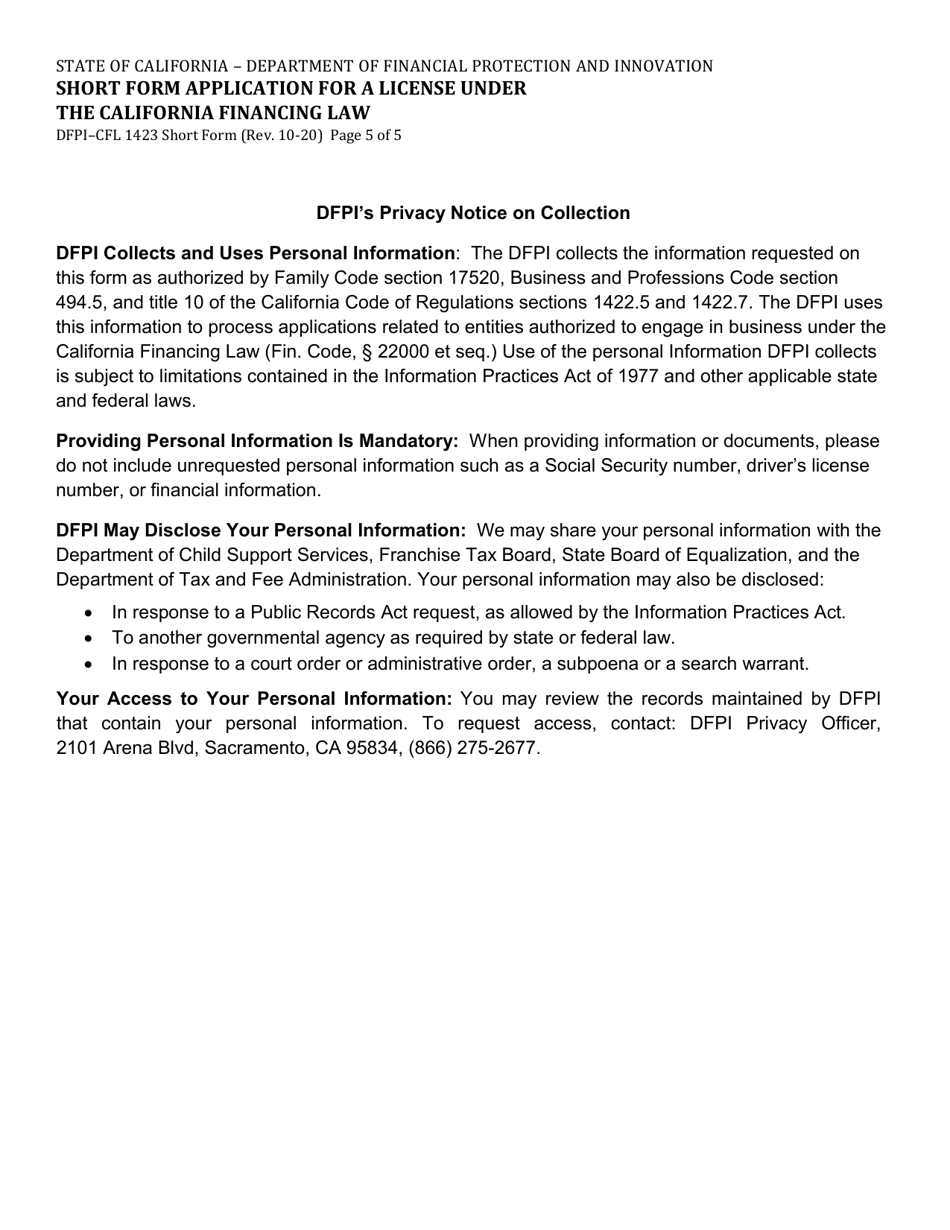 Form DFPI-CFL1423 Short Form Application for a License Under the California Financing Law - California, Page 10