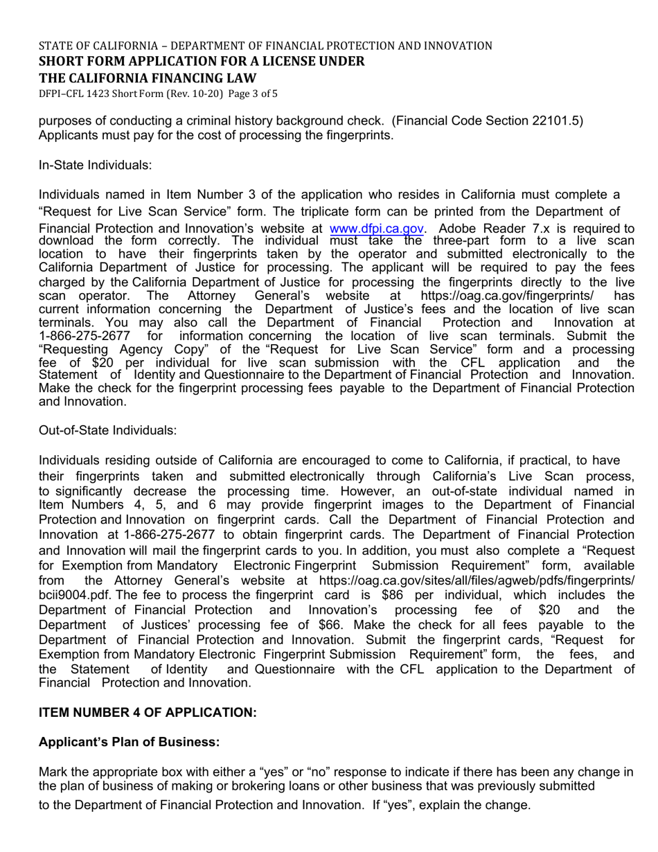 Form DFPI-CFL1423 Short Form Application for a License Under the California Financing Law - California, Page 3