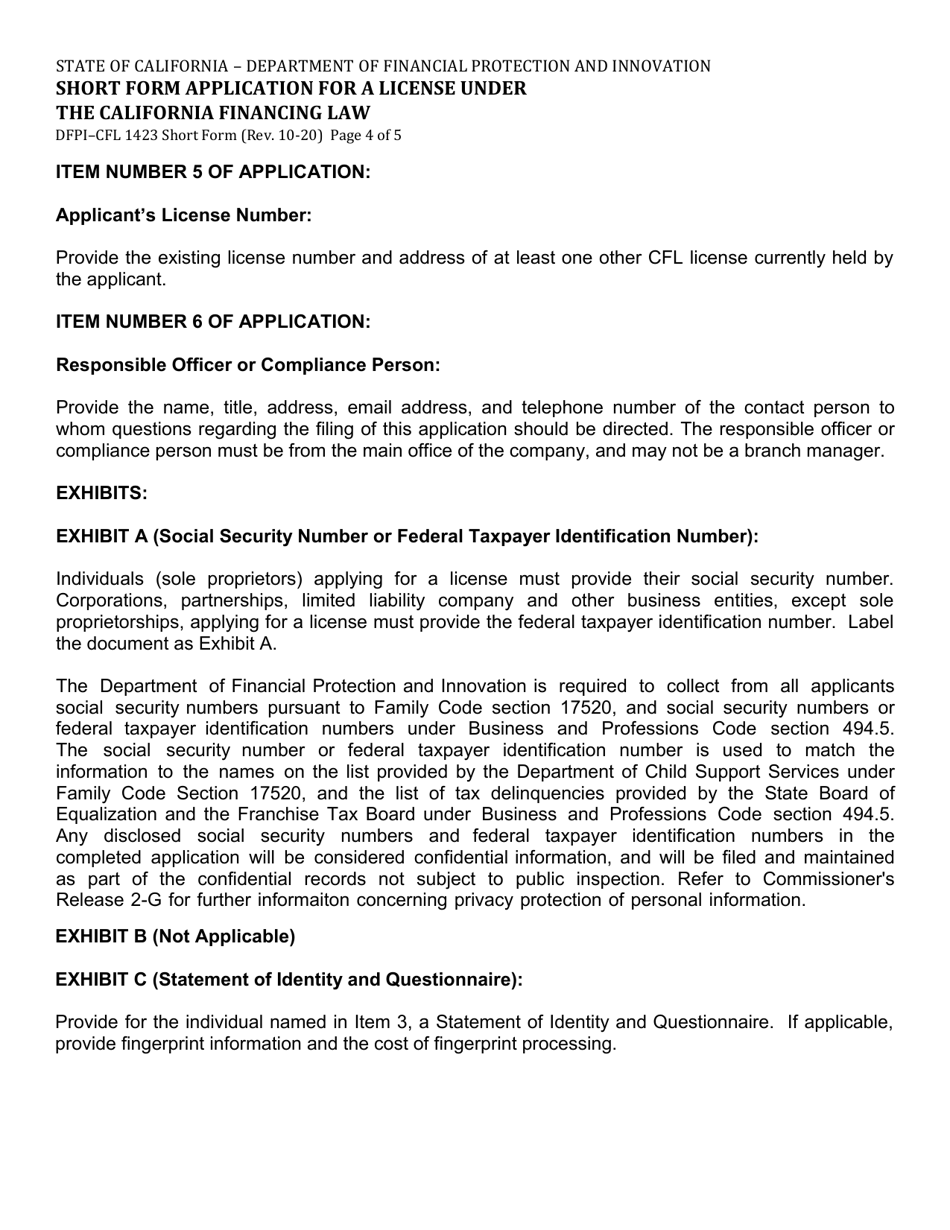 Form DFPI-CFL1423 Short Form Application for a License Under the California Financing Law - California, Page 4