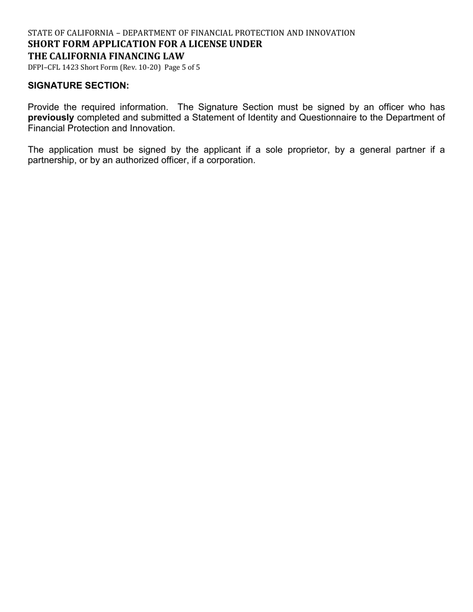 Form DFPI-CFL1423 Short Form Application for a License Under the California Financing Law - California, Page 5