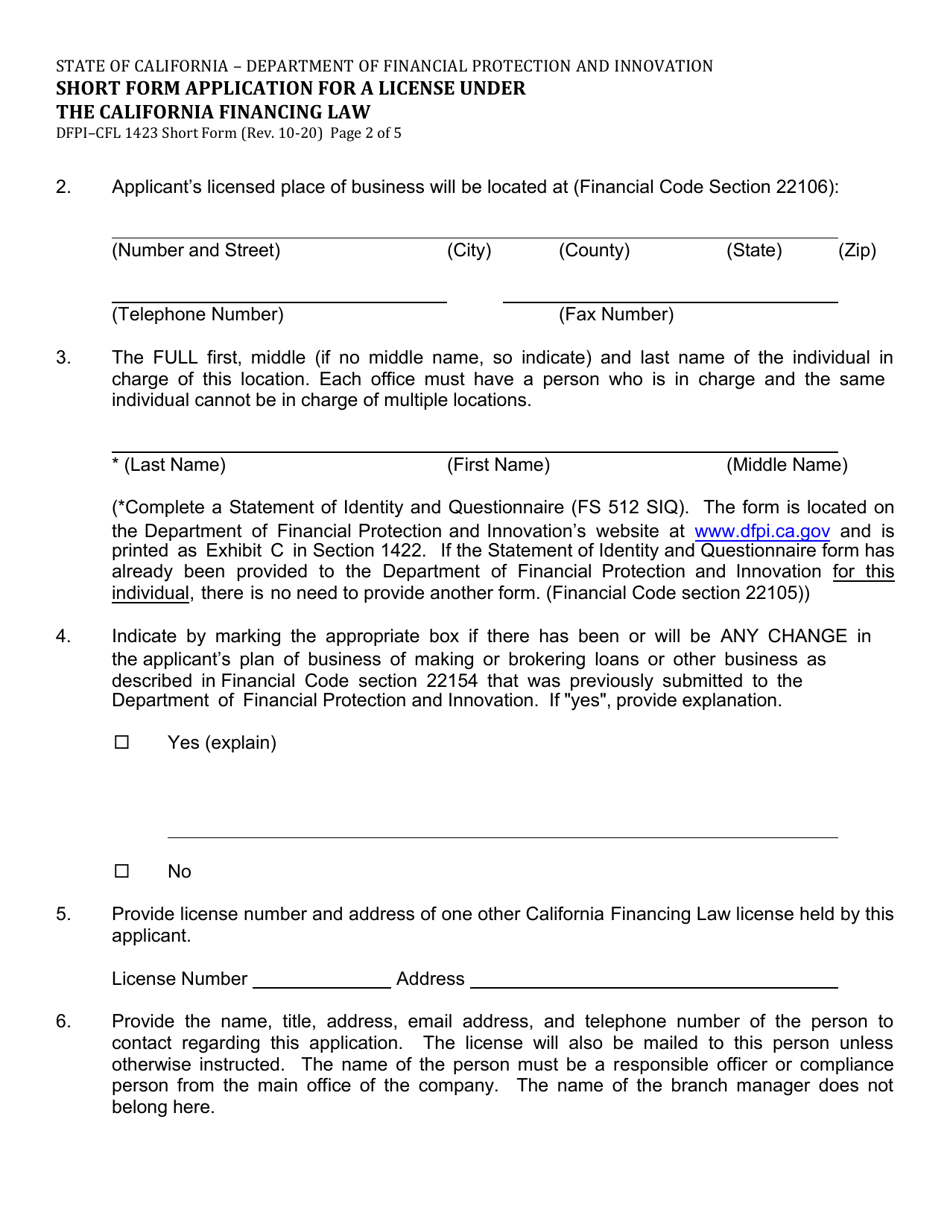 Form DFPI-CFL1423 Short Form Application for a License Under the California Financing Law - California, Page 7