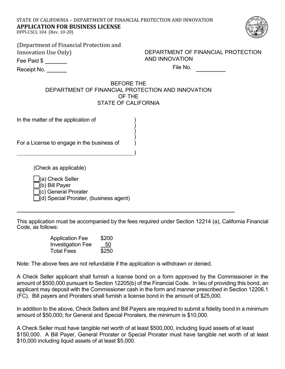 Form DFPI-CSCL104 Application for Business License - California, Page 1