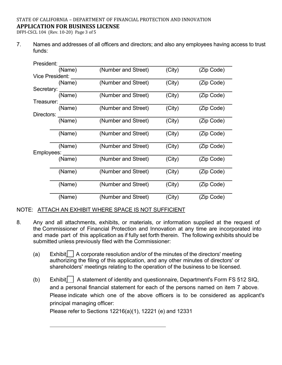 Form DFPI-CSCL104 Application for Business License - California, Page 3