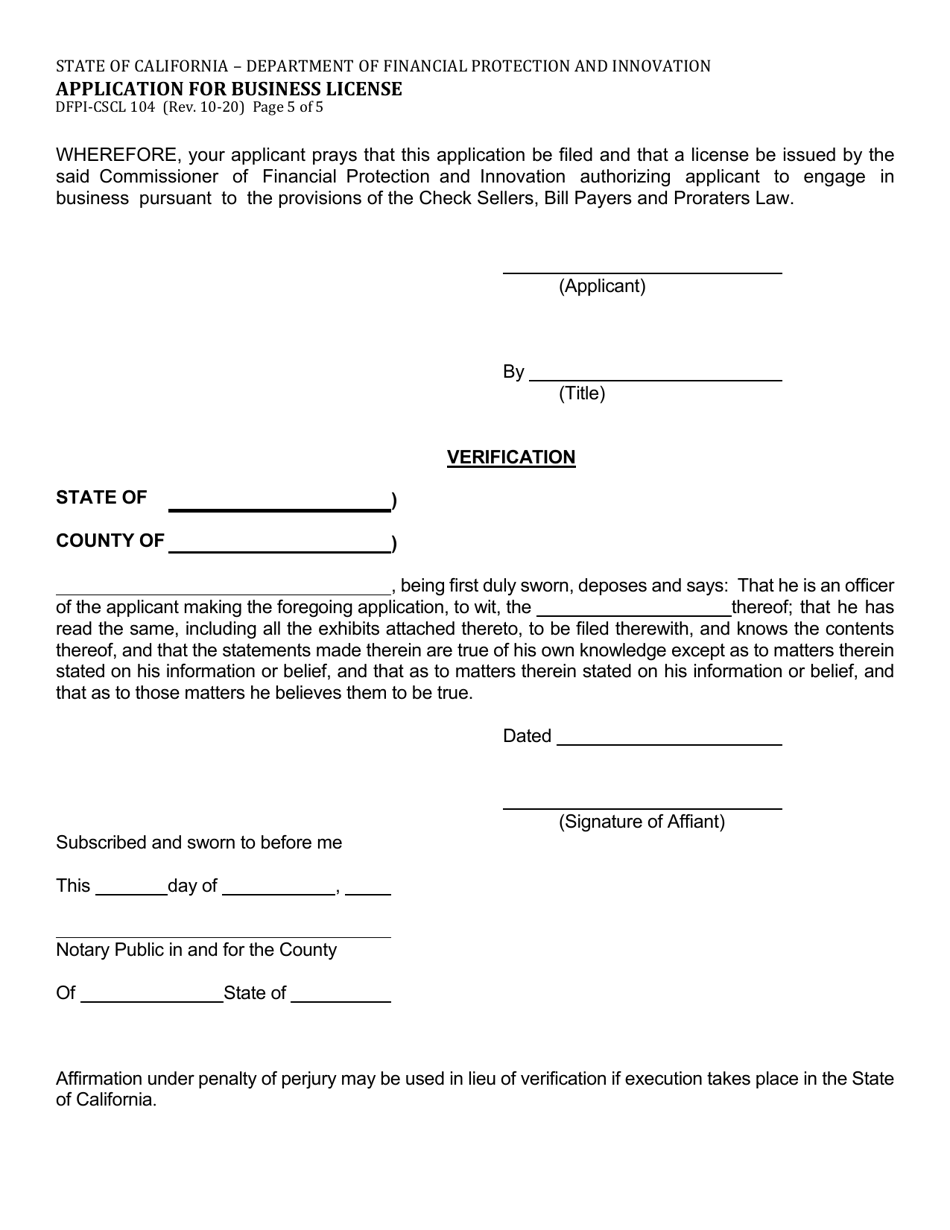 Form DFPI-CSCL104 Application for Business License - California, Page 5