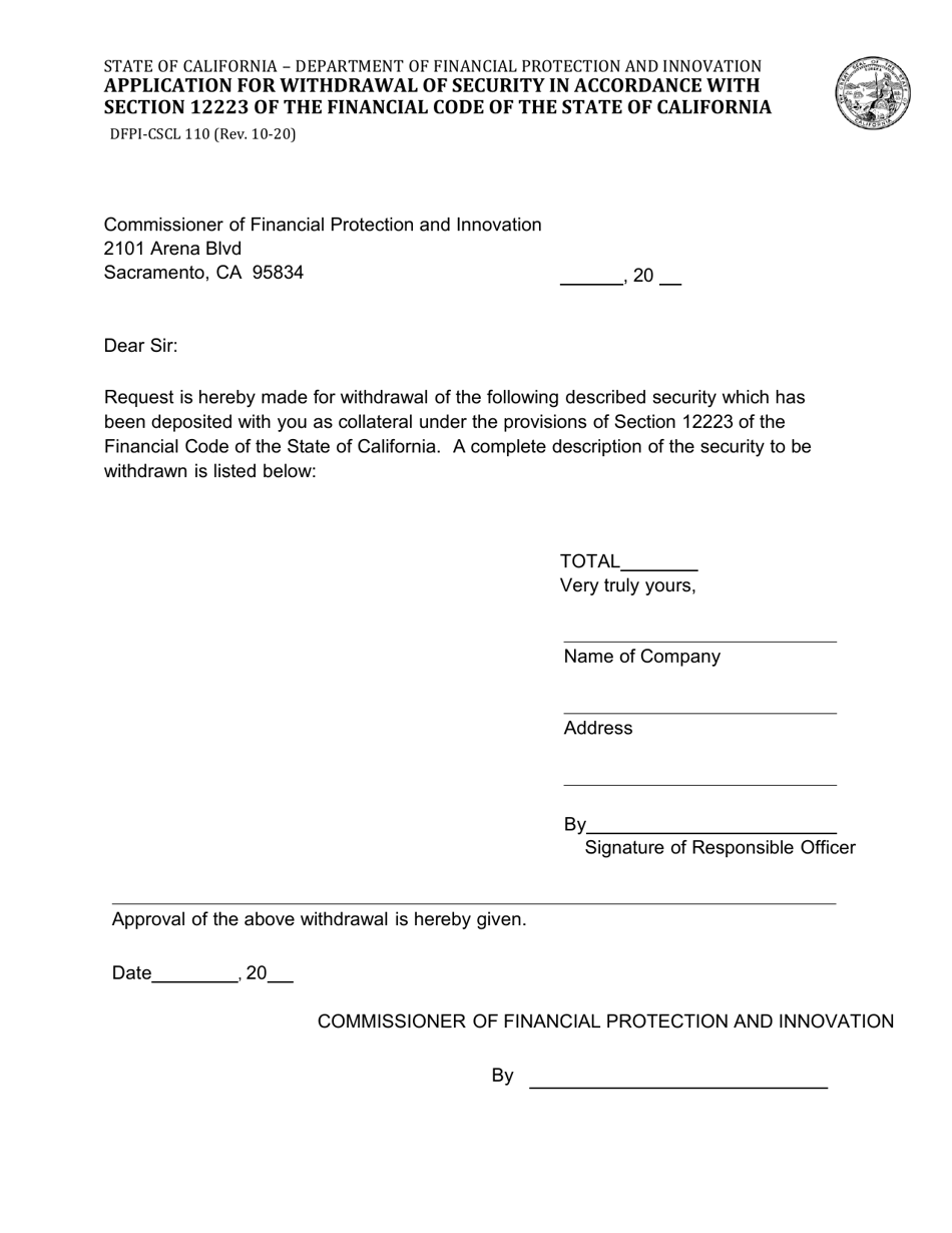 Form DFPI-CSCL110 Application for Withdrawal of Security in Accordance With Section 12223 of the Financial Code of the State of California - California, Page 1