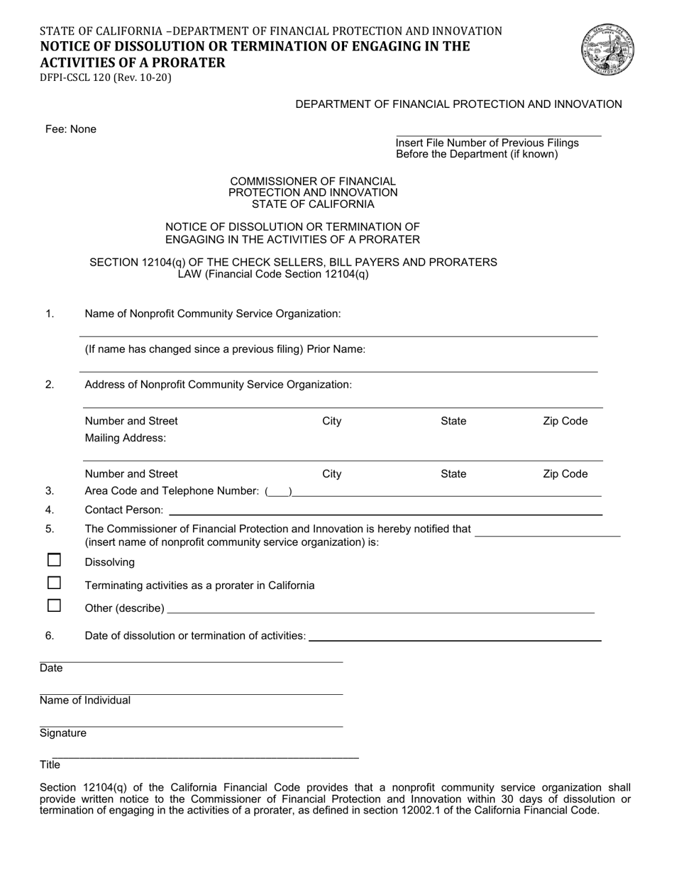 Form DFPI-CSCL120 Notice of Dissolution or Termination of Engaging in the Activities of a Prorater - California, Page 1