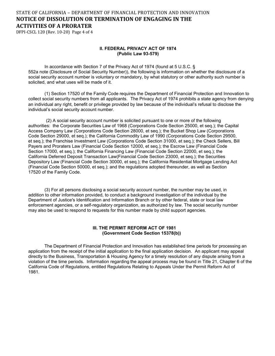 Form DFPI-CSCL120 Notice of Dissolution or Termination of Engaging in the Activities of a Prorater - California, Page 4