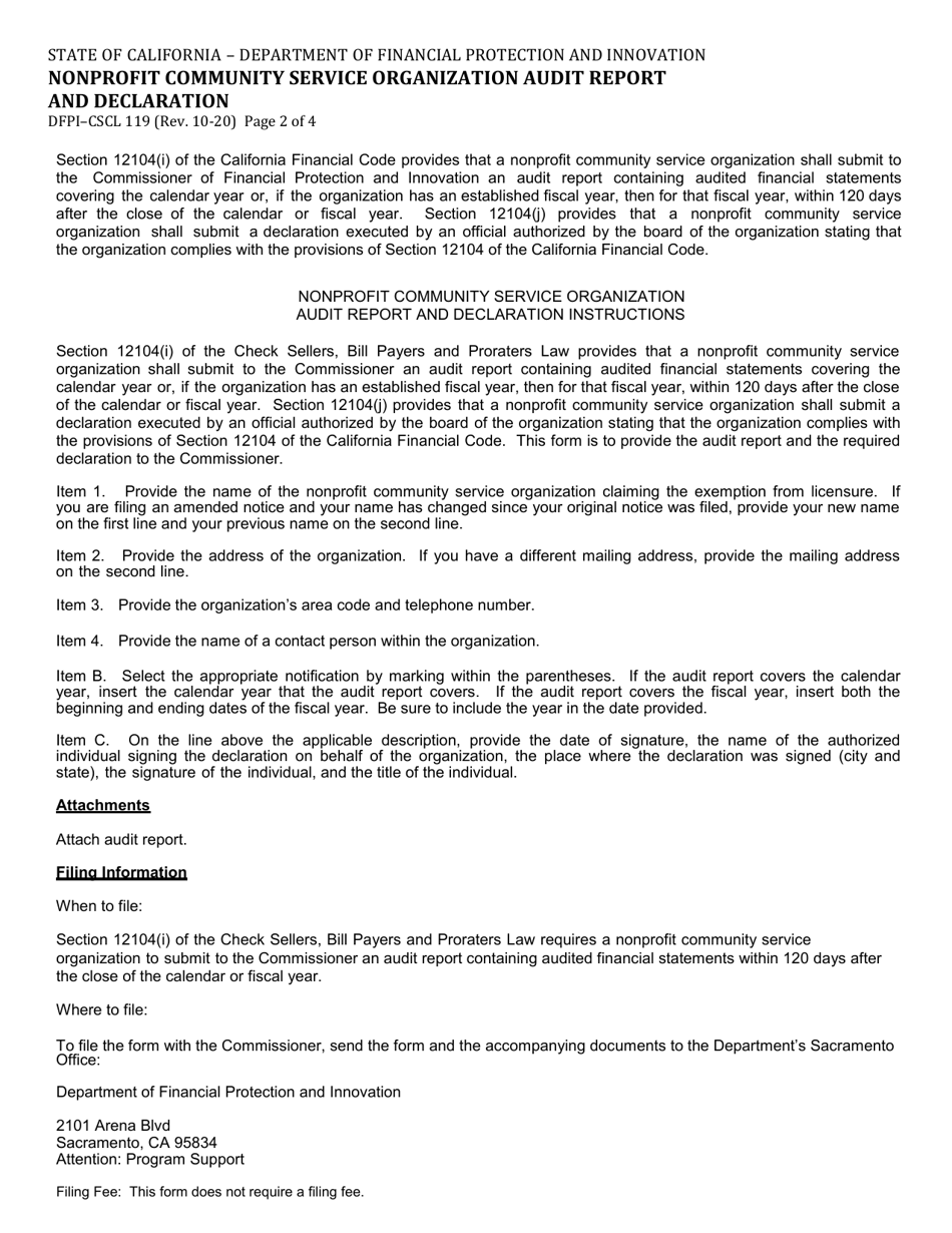 Form DFPI-CSCL119 Nonprofit Community Service Organization Audit Report and Declaration - California, Page 2
