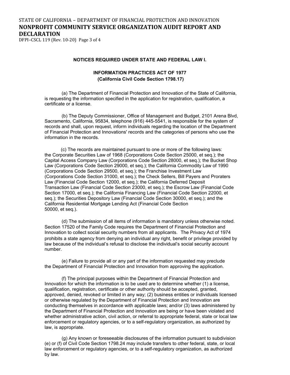 Form DFPI-CSCL119 Nonprofit Community Service Organization Audit Report and Declaration - California, Page 3
