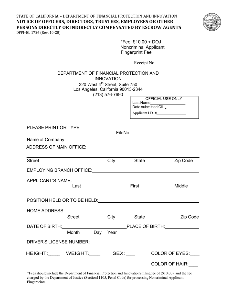 Form DFPI-EL1726 Notice of Officers, Directors, Trustees, Employees or Other Persons Directly or Indirectly Compensated by Escrow Agents - California, Page 1