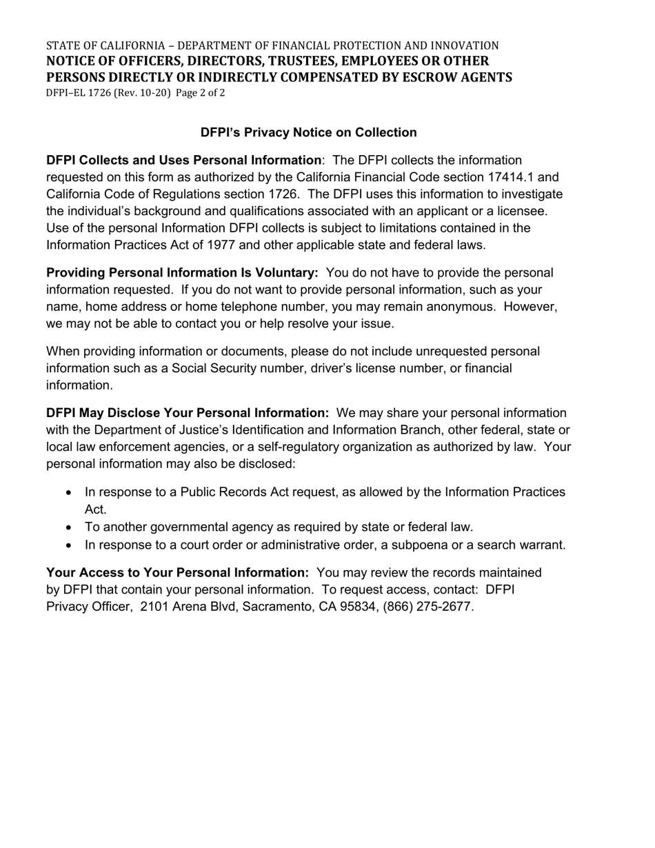 Form DFPI-EL1726 Notice of Officers, Directors, Trustees, Employees or Other Persons Directly or Indirectly Compensated by Escrow Agents - California, Page 2