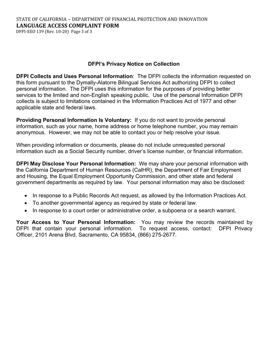 Form DFPI-EEO139 Language Access Complaint Form - California, Page 3