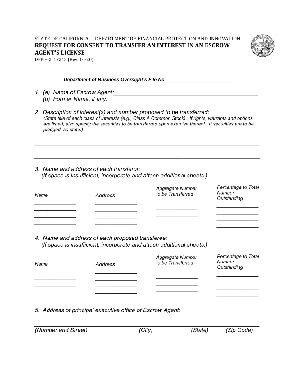 Form DFPI-EL17213 Request for Consent to Transfer an Interest in an Escrow Agents License - California, Page 1