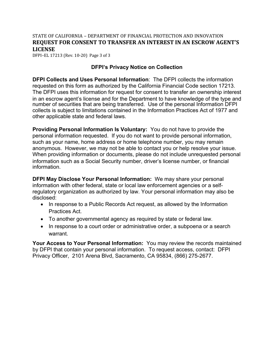 Form DFPI-EL17213 Request for Consent to Transfer an Interest in an Escrow Agents License - California, Page 3