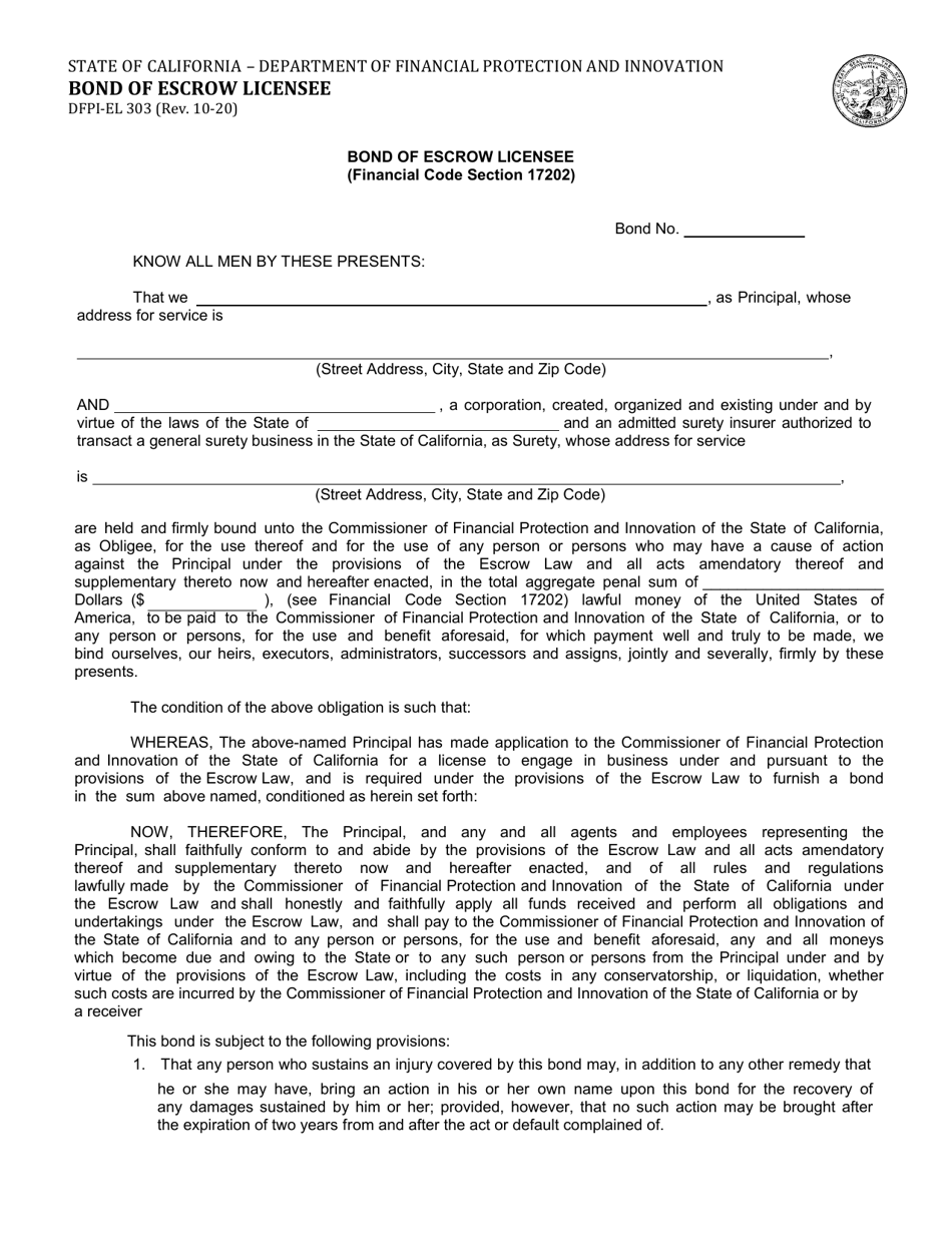 Form DFPI-EL303 Bond of Escrow Licensee - California, Page 1