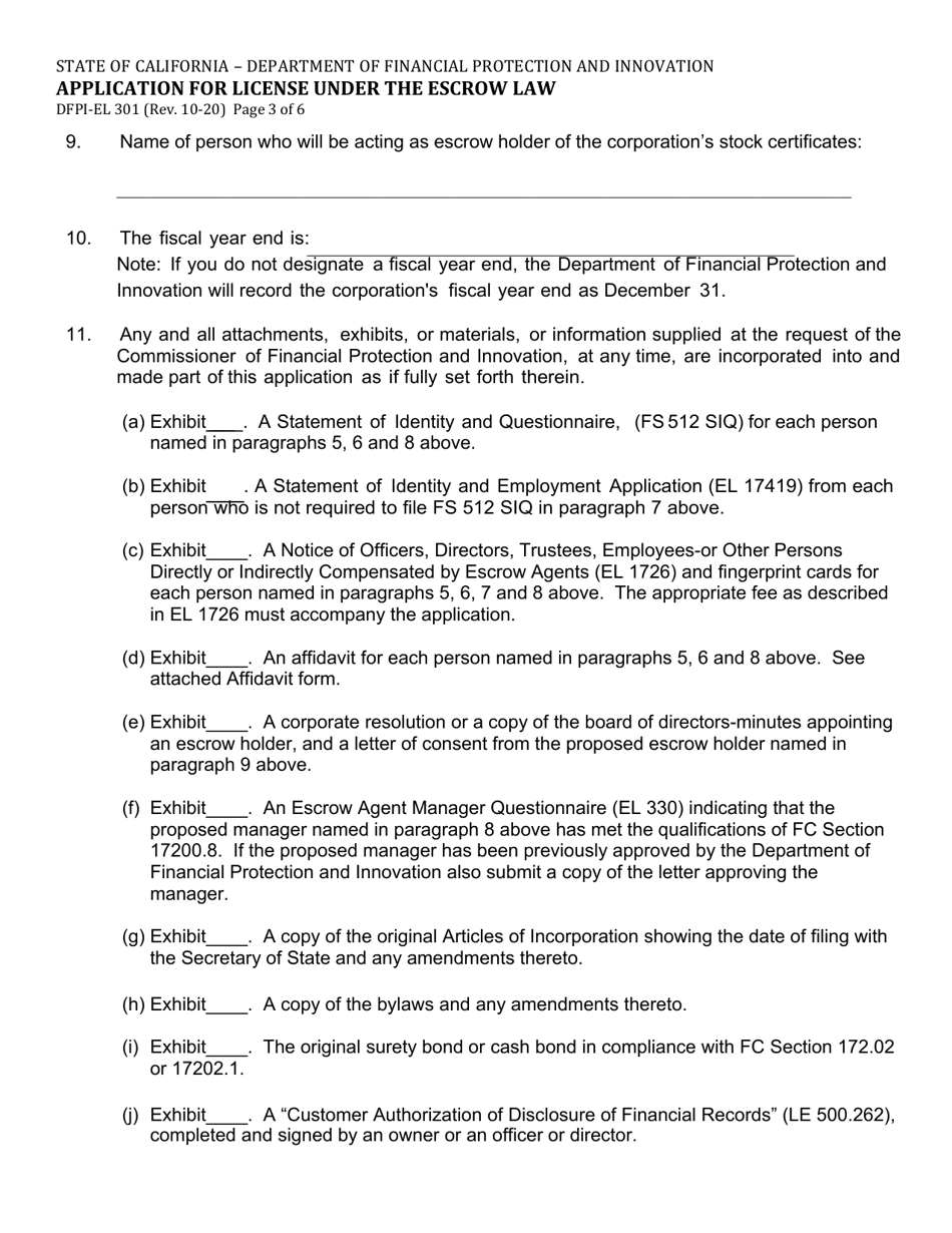 Form DFPI-EL301 Application for License Under the Escrow Law - California, Page 3
