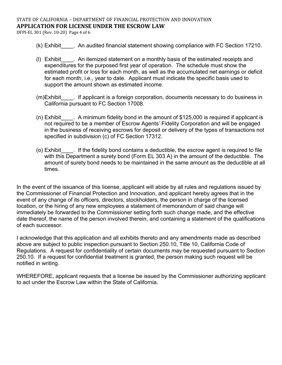 Form DFPI-EL301 Application for License Under the Escrow Law - California, Page 4