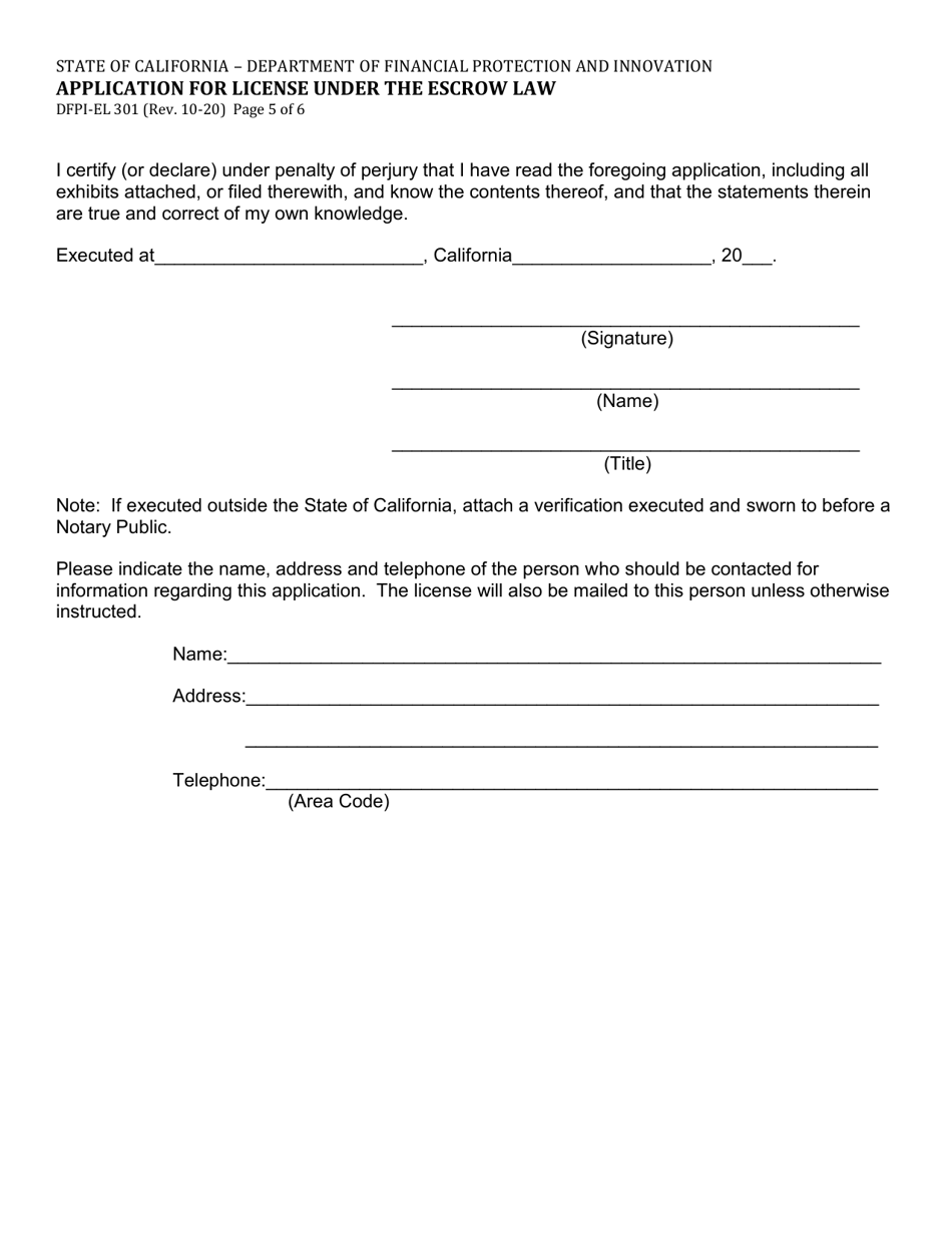 Form DFPI-EL301 Application for License Under the Escrow Law - California, Page 5