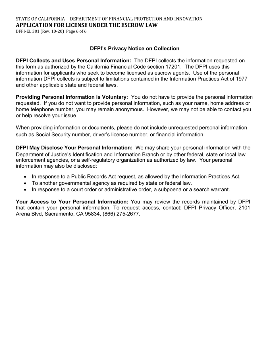 Form DFPI-EL301 Application for License Under the Escrow Law - California, Page 6
