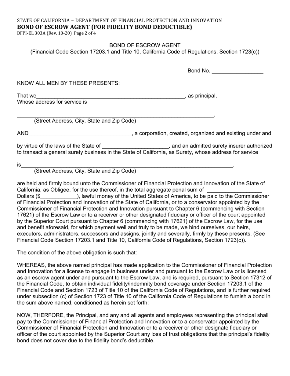 Form DFPI-EL303A Bond of Escrow Agent (For Fidelity Bond Deductible) - California, Page 2