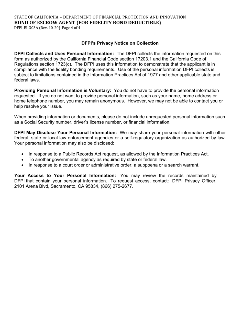 Form DFPI-EL303A Bond of Escrow Agent (For Fidelity Bond Deductible) - California, Page 4