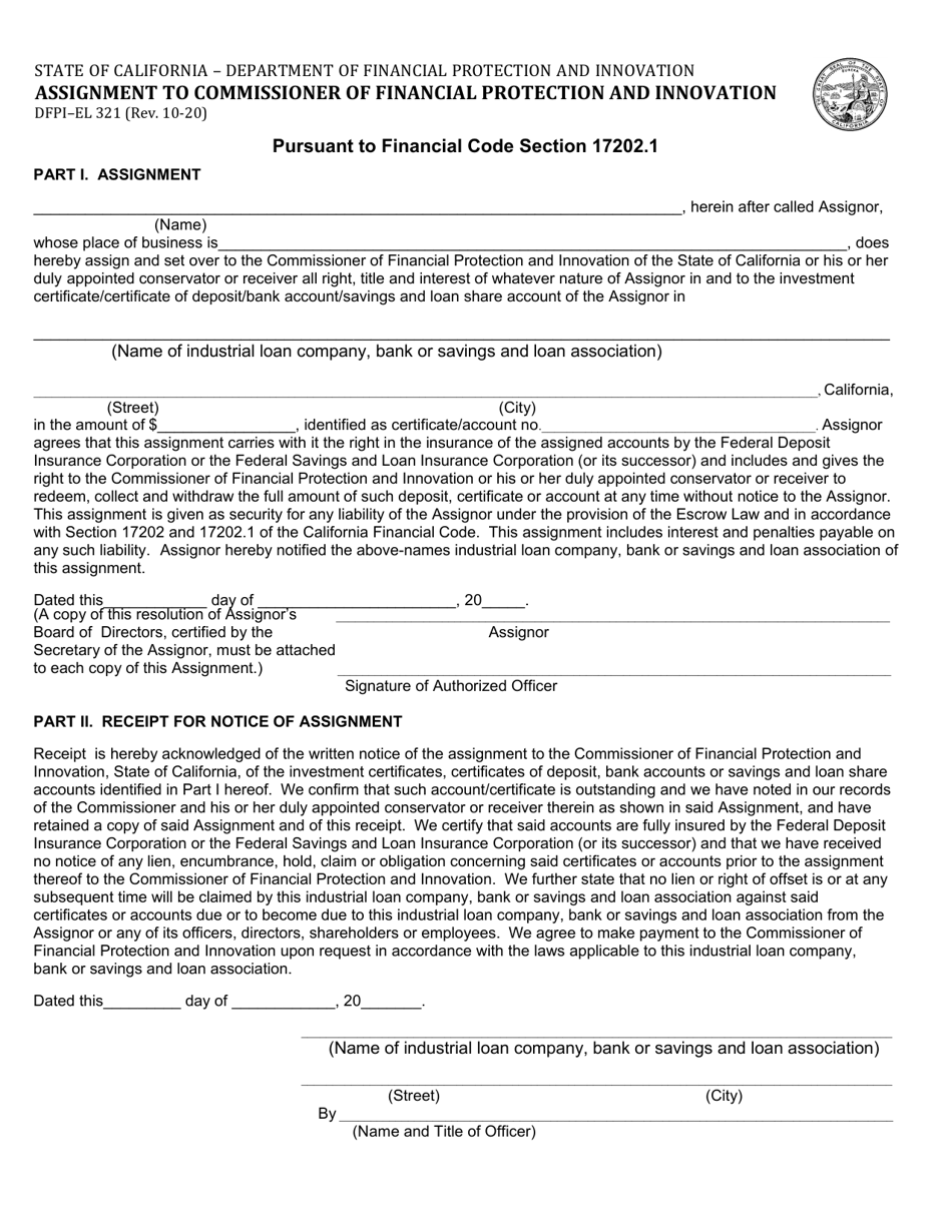 Form DFPI-EL321 Assignment to Commissioner of Financial Protection and Innovation - California, Page 1