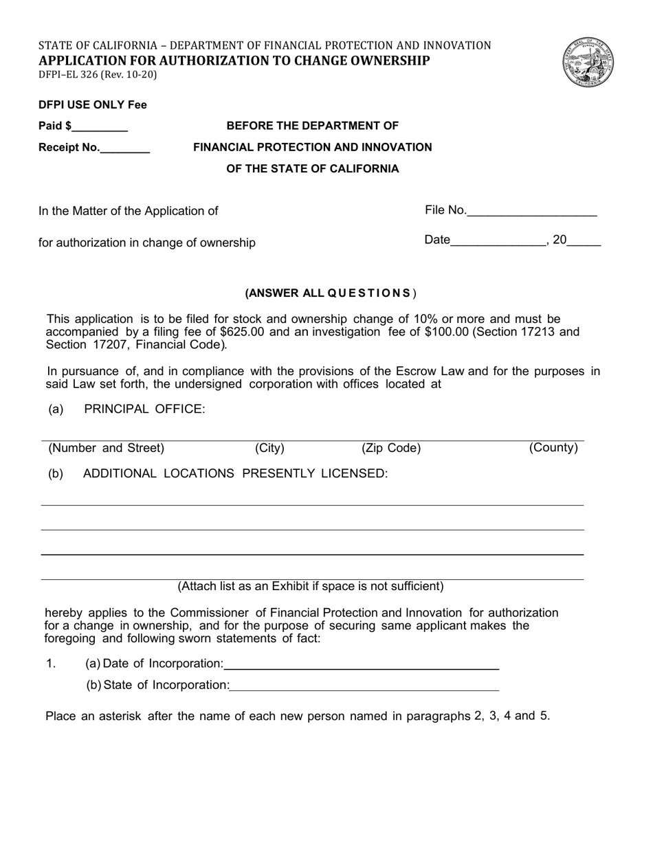 Form DFPI-EL326 Application for Authorization to Change Ownership - California, Page 1
