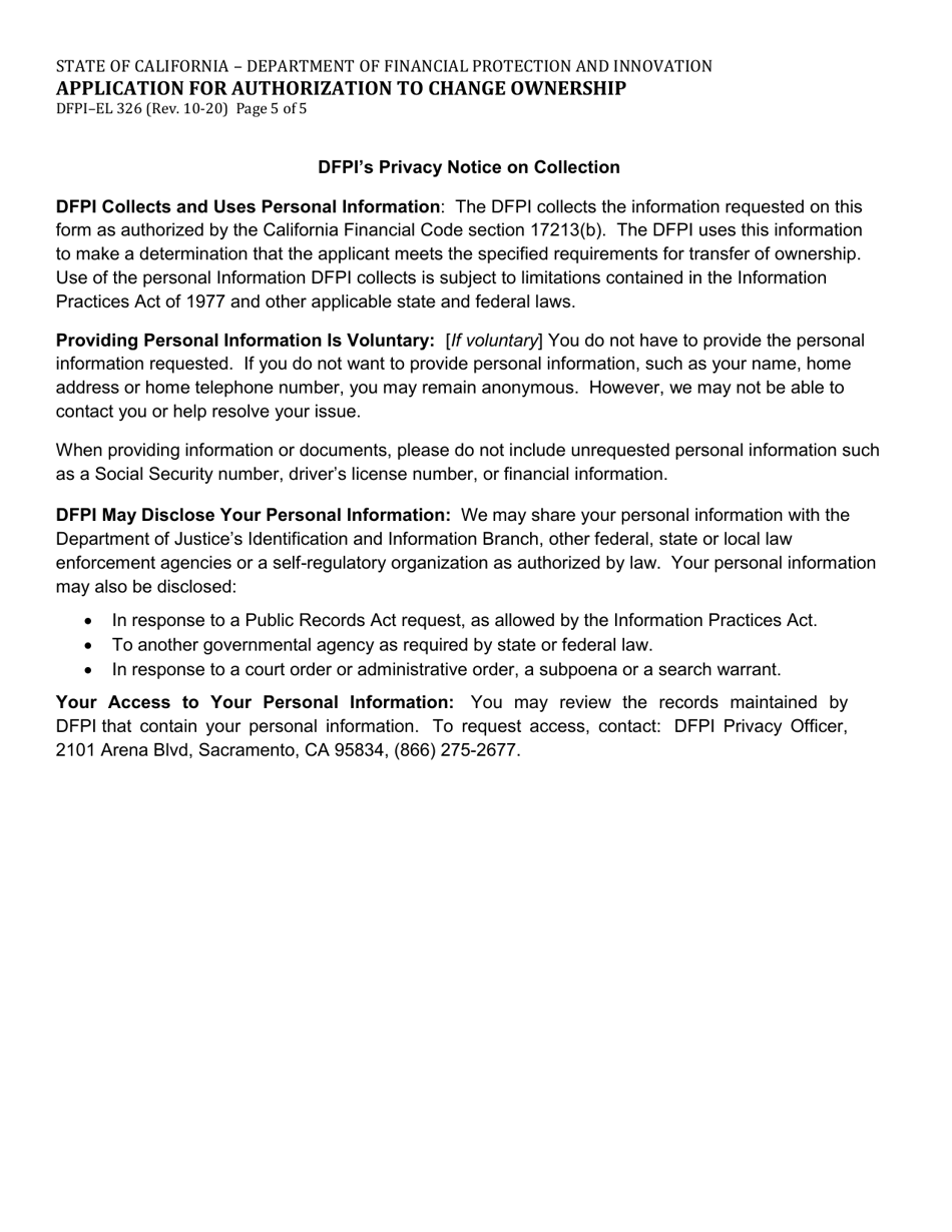 Form DFPI-EL326 Application for Authorization to Change Ownership - California, Page 5