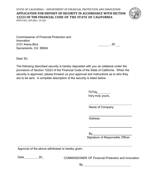 Form DFPI-CSCL109 Application for Deposit of Security in Accordance With Section 12223 of the Financial Code of the State of California - California