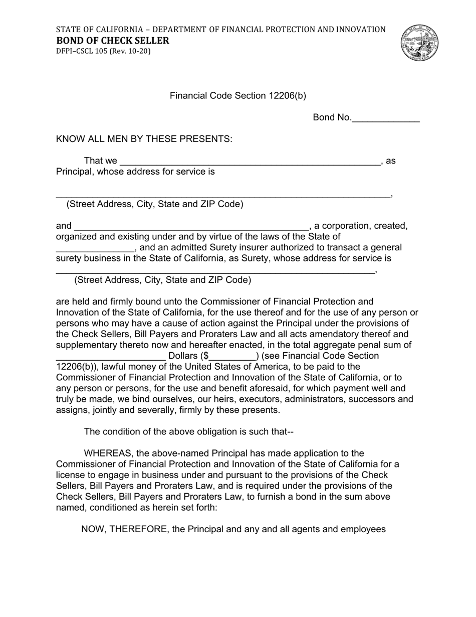 Form DFPI-CSCL105 Bond of Check Seller - California, Page 1