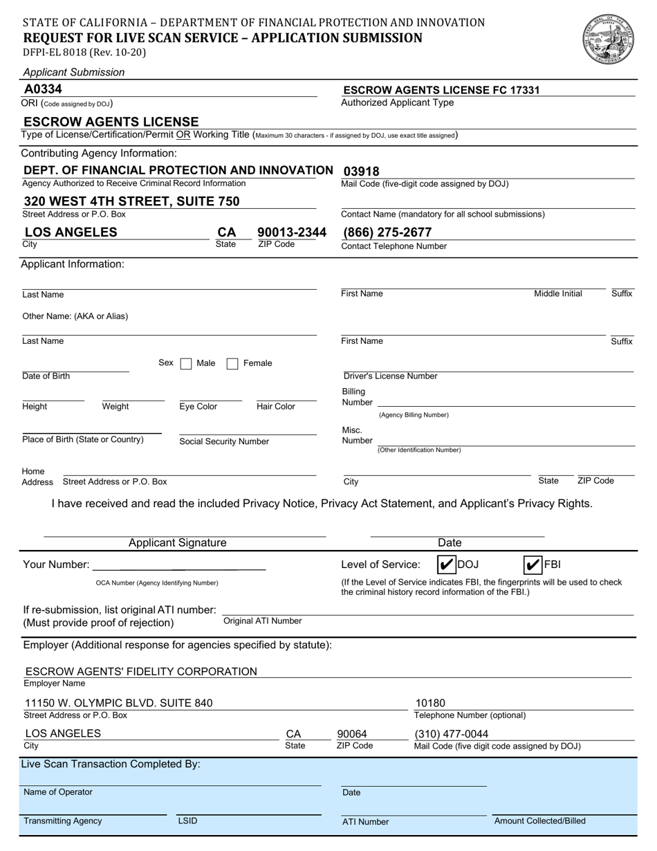 Form DFPI-EL8018 Request for Live Scan Service - Application Submission - California, Page 1