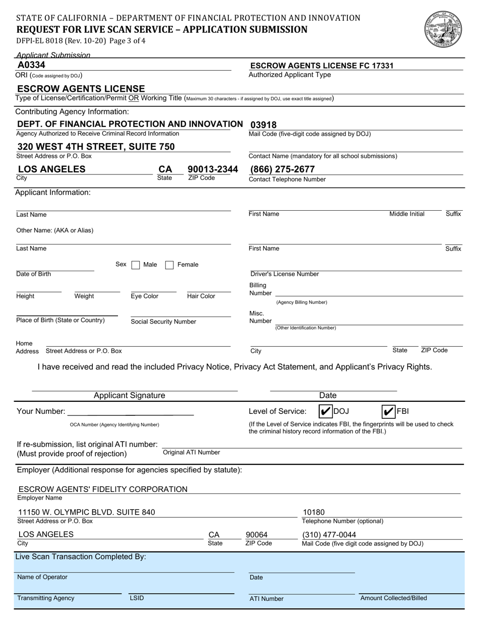 Form DFPI-EL8018 Request for Live Scan Service - Application Submission - California, Page 3