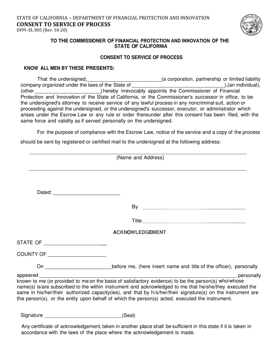 Form DFPI-EL805 Consent to Service of Process - California, Page 1