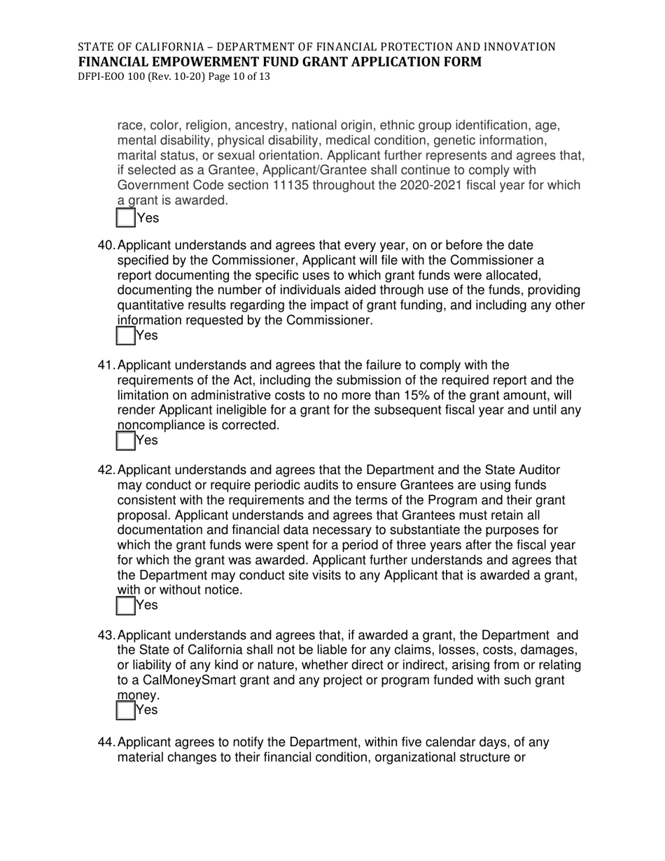 Form DFPI-EEO100 Financial Empowerment Fund Grant Application Form - California, Page 10