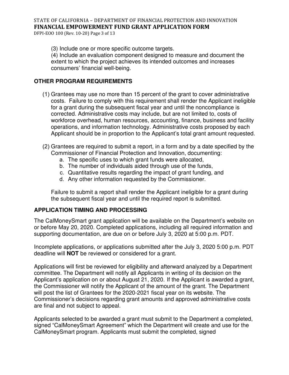 Form DFPI-EEO100 Financial Empowerment Fund Grant Application Form - California, Page 3
