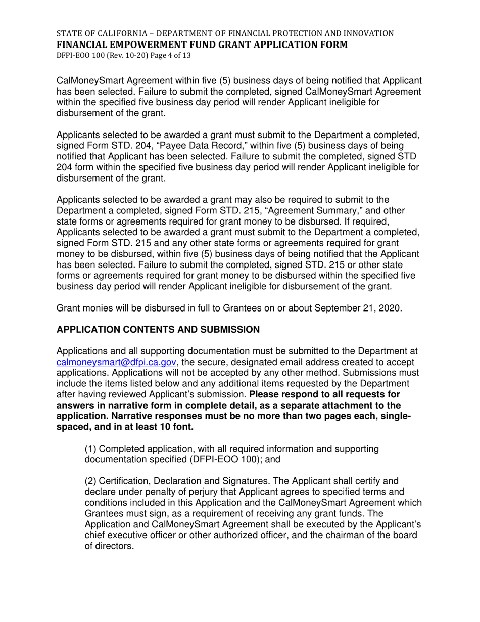 Form DFPI-EEO100 Financial Empowerment Fund Grant Application Form - California, Page 4
