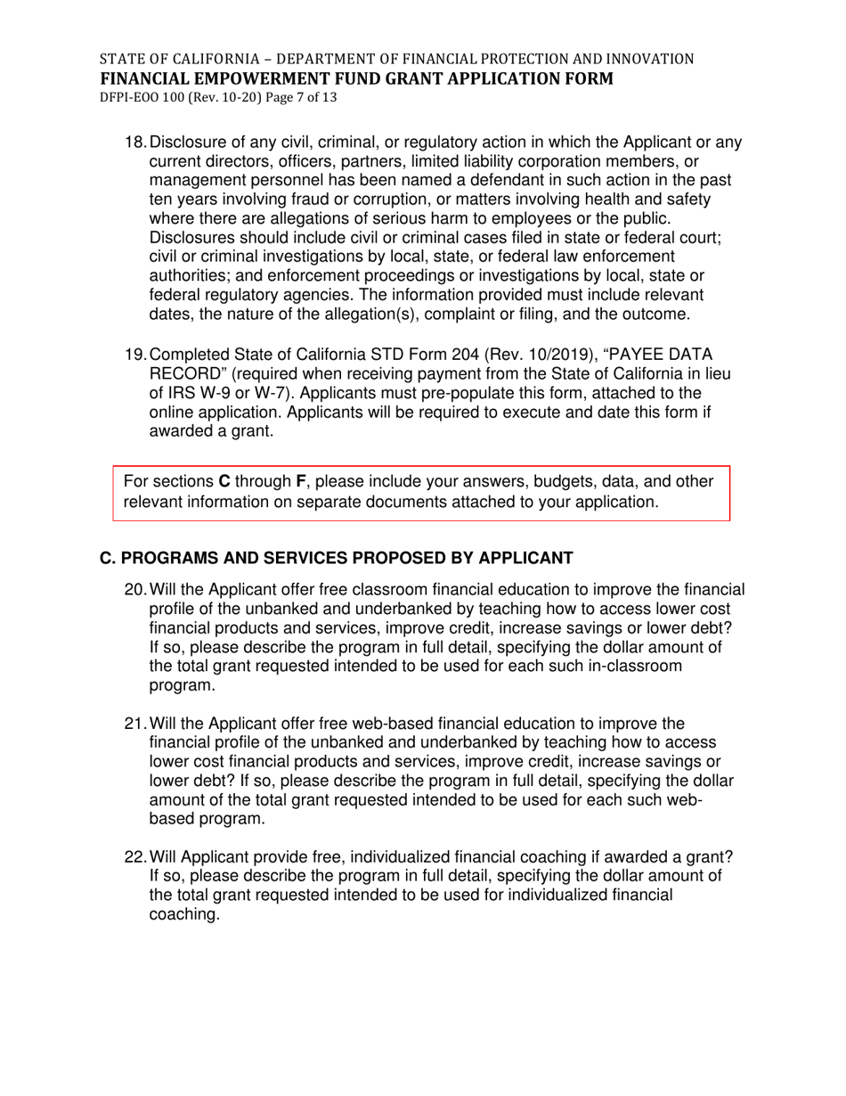 Form DFPI-EEO100 Financial Empowerment Fund Grant Application Form - California, Page 7