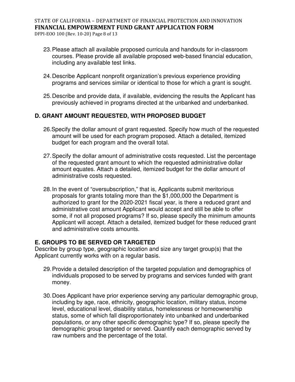 Form DFPI-EEO100 Financial Empowerment Fund Grant Application Form - California, Page 8