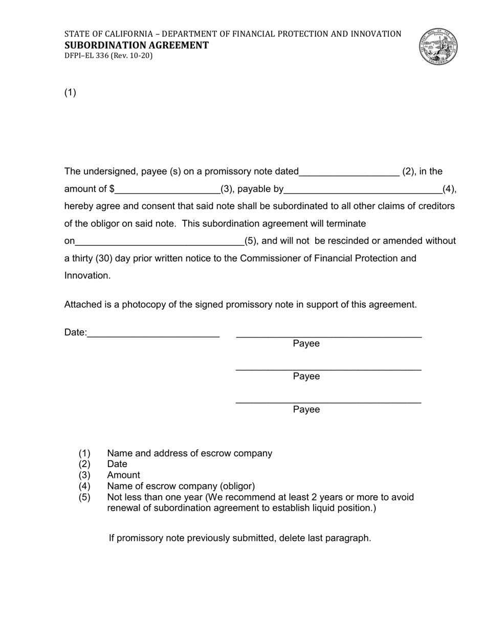Form DFPI-EL336 Subordination Agreement - California, Page 1
