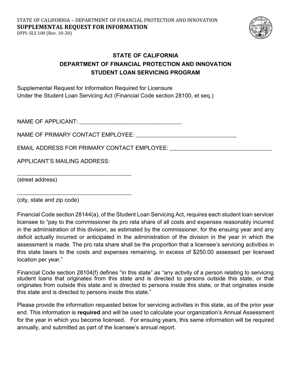 Form DFPI-SLS100 Supplemental Request for Information - California, Page 1