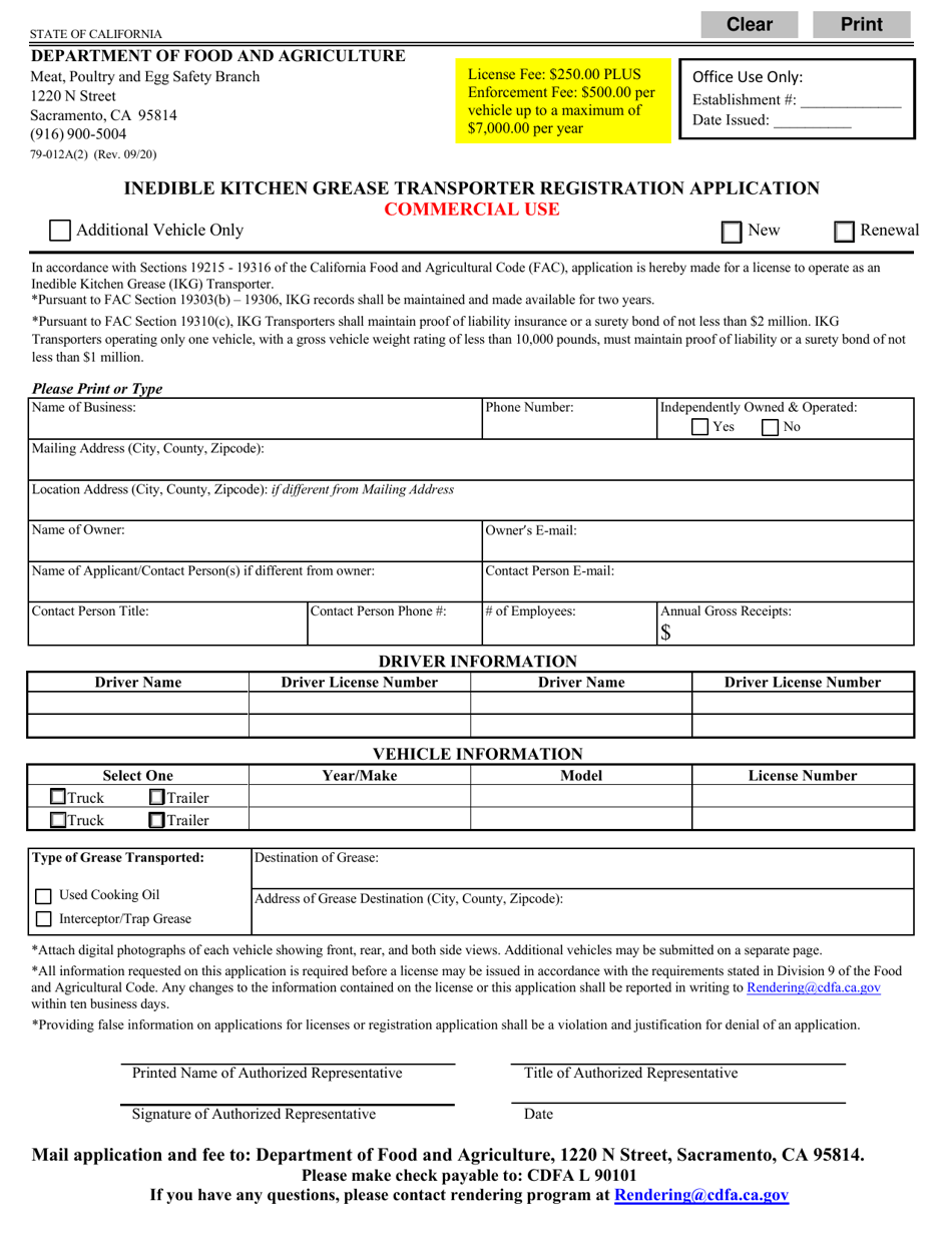 Form 79-012A(2) Inedible Kitchen Grease Transporter Registration Application (Commercial Use) - California, Page 1