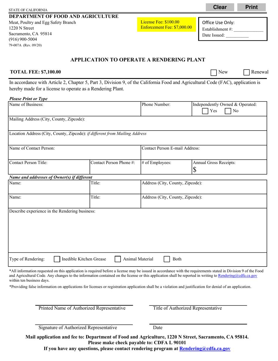 Form 79-007A Application to Operate a Rendering Plant - California, Page 1