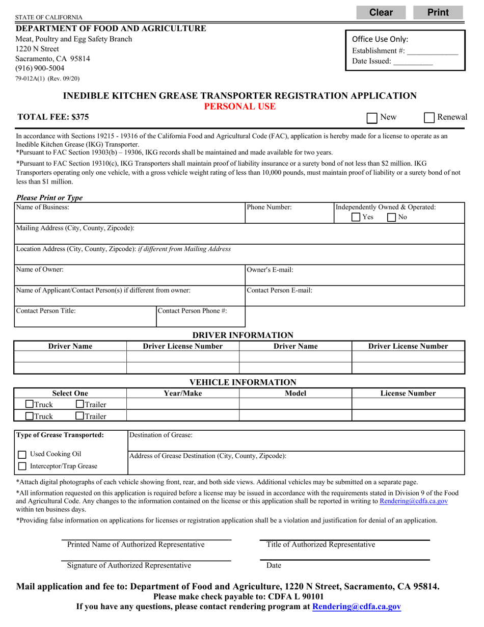 Form 79-012(A)(1) Inedible Kitchen Grease Transporter Registration Application - Personal Use - California, Page 1