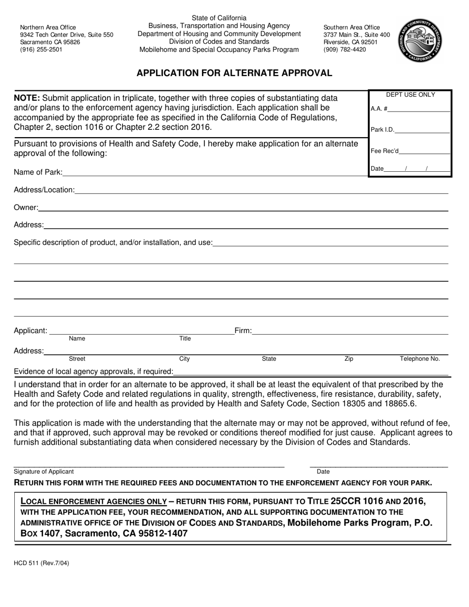 Form HCD511 Application for Alternate Approval - California, Page 1