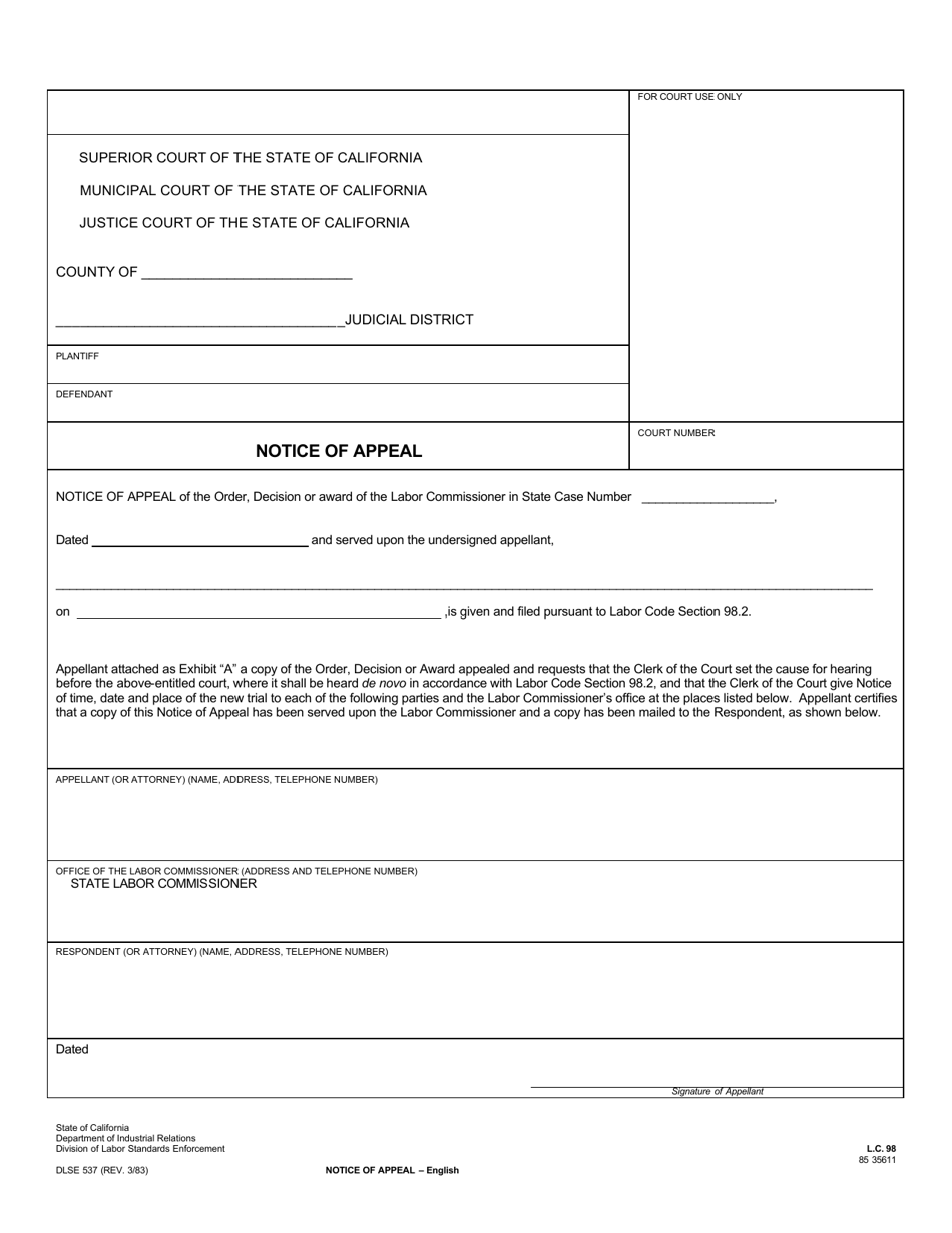 Form DLSE537 Notice of Appeal - California, Page 1